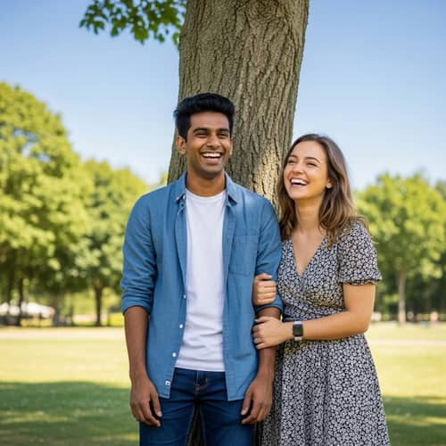 Young South Asian Couple Laughing Outdoors | Romantic Park Scene