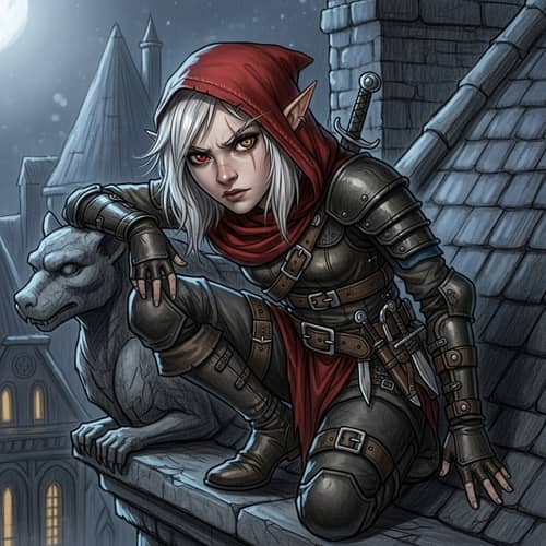 Half-Elf Girl Night Rooftop Sketch Art | Rogue Aesthetic