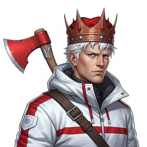 Regal Man in Red Crown and Snow Jacket with Axe - Winter Portrait