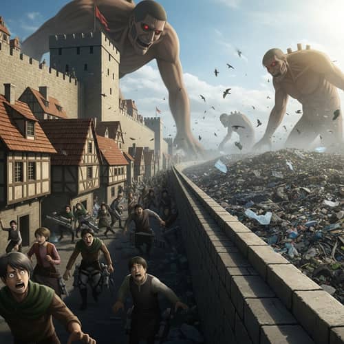 Fantasy meets reality: Colossal humanoid creatures approach a medieval town