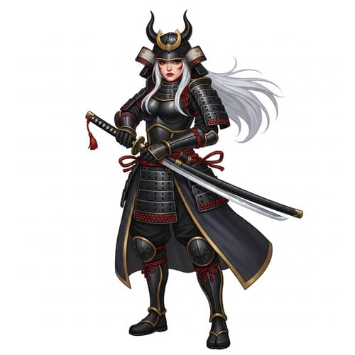 Japanese Samurai Woman in Black Armor with Katana | Battle Ready