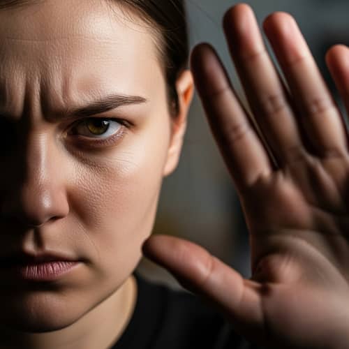 Hyperrealistic Portrait of Person Making Rejecting Gesture