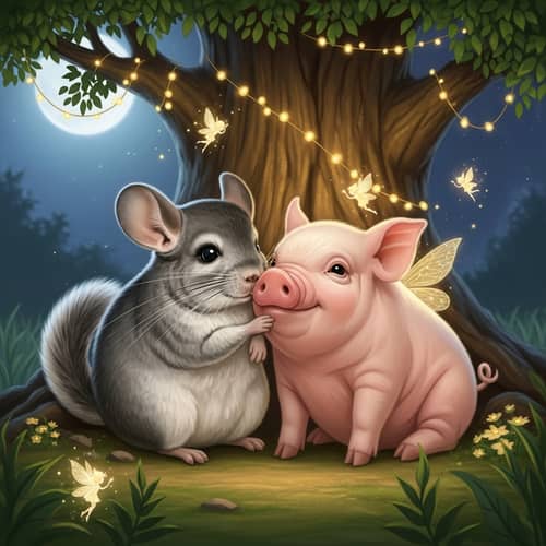 Enchanting Chinchilla and Piglet Love Under Ancient Tree