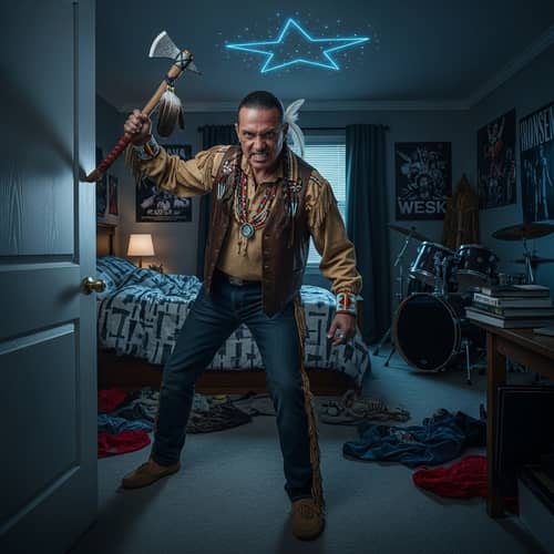 Cherokee Indigenous Man with Tomahawk in Young Person's Room