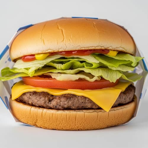 Inexpensive Dollar Burger with Cheese, Lettuce, and Tomato