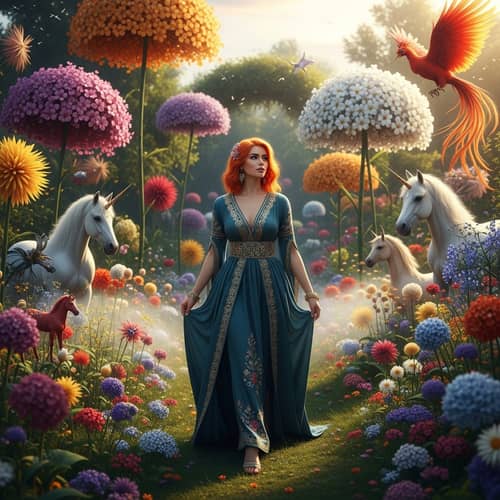 Middle-Eastern Woman with Vivid Orange Hair in Enchanted Garden