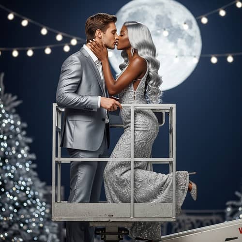 Romantic Silver Suit and Evening Gown Couple Kissing Under Moonlight
