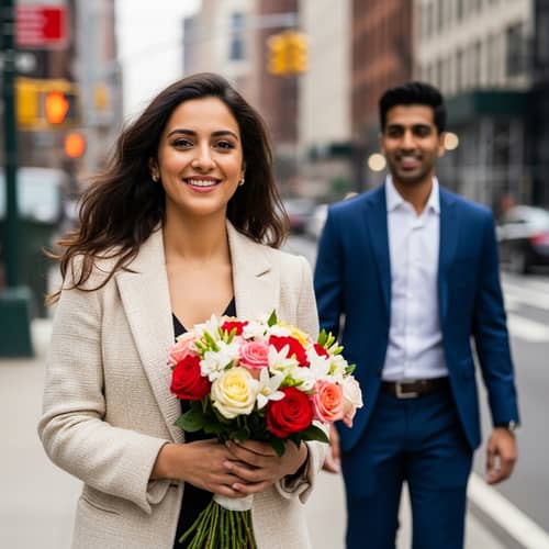 Spring in New York: Happy Woman with Bouquet in Urban Setting