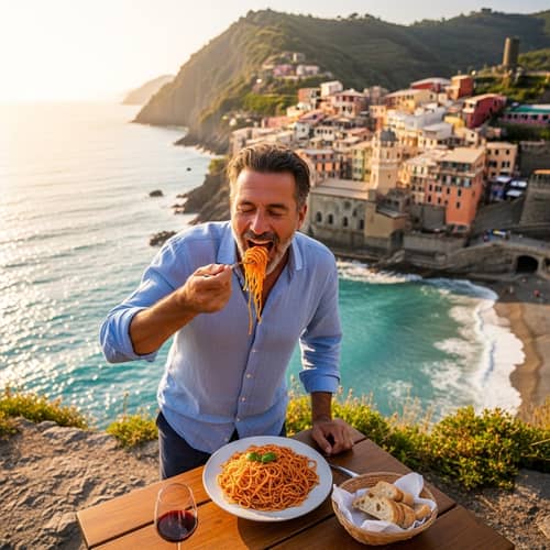 Italian Man Enjoying Plate of Spaghetti by the Sea