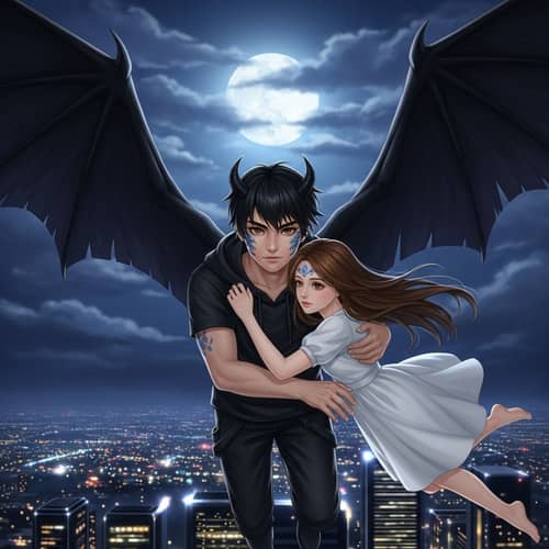 Fantasy Love Story in Night Sky: Demon Man Holding Chestnut-haired Woman