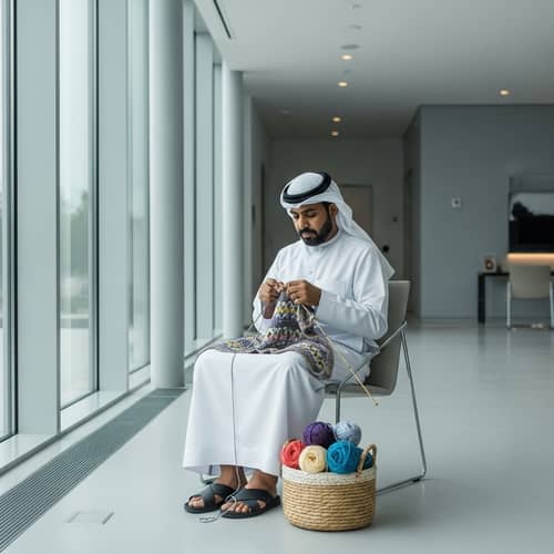 Contemporary Middle-Eastern Male Knitting in Minimalistic Setting