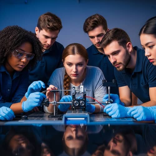 Diverse College Students Engaged in Mechanical Laboratory Experiment