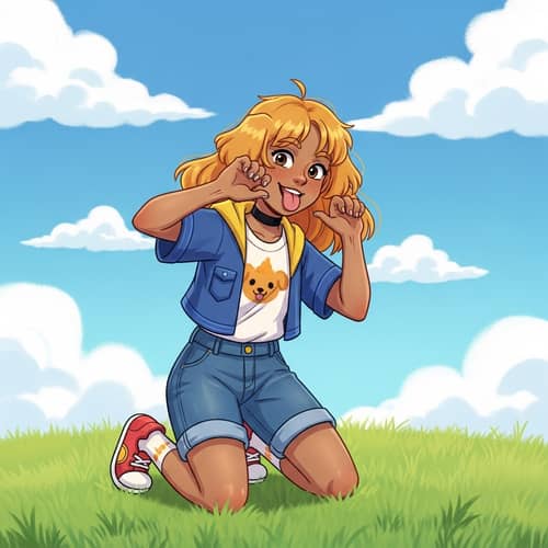 Girl Mimicking Dog in Colorful Illustration