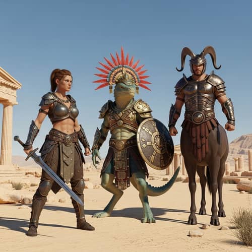 Fantasy Female Warrior vs Lizard Creature in Desert Battle