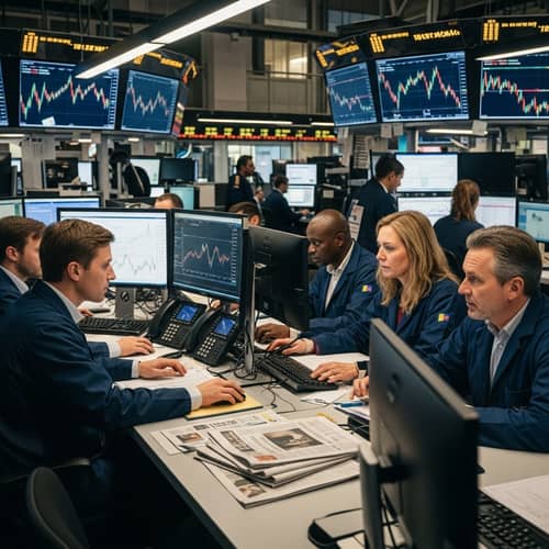 Bustling Share Market Scene with Diverse Traders and Analytics