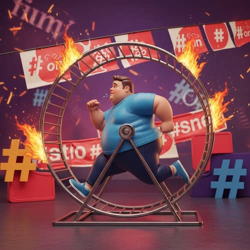 Humorous Image of Fat Man Running in Hamster Wheel