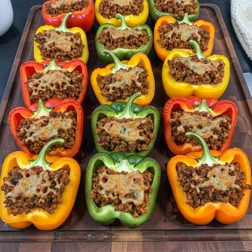 Savory Stuffed Bell Peppers on Wooden Board