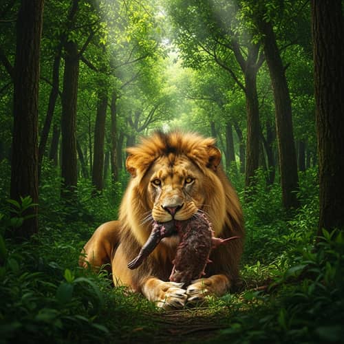 Wild Lion Feasting in Lush Jungle
