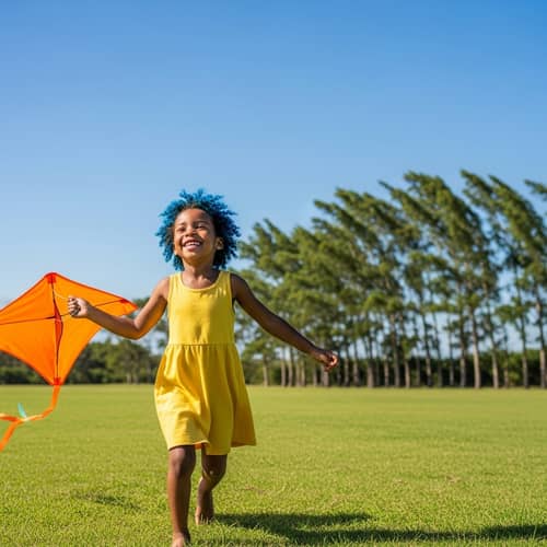 Young Black Girl Flying Orange Kite in Lush Field