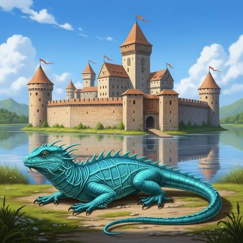 Aged Castle Surrounded by Serene Lake and Basilisk Guardian
