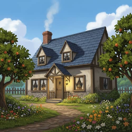 Quaint 18th-Century Countryside Cottage with Gable Roof and Garden