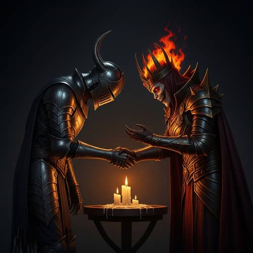 Armored Warrior Figures Bowing in Eerie Candlelight