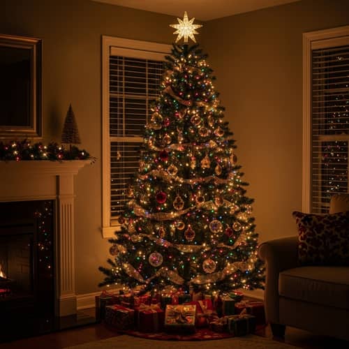 Beautiful Christmas Tree with Colorful Lights and Ornaments