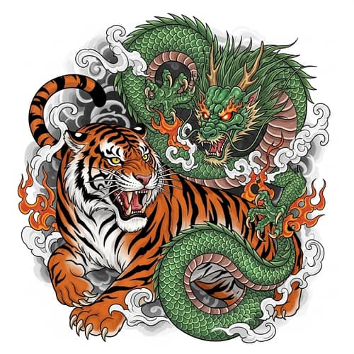 Fierce Tiger and Dragon Tattoo Design