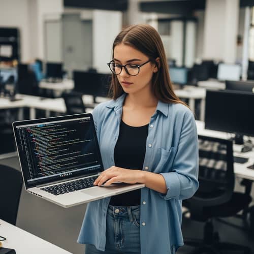 Professional Caucasian Female Code Assistant with Laptop and Coding Lines