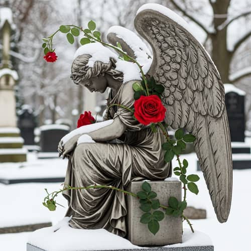 Female Angel Statue with Graphite Wings in Snowy Cemetery