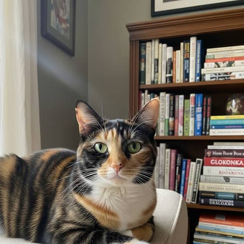 Tranquil Tortoiseshell Cat Lounging in Sunlit Living Room
