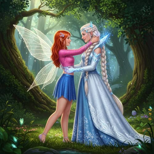 Fantasy Forest Fairy Embracing Snow-Themed Ice Magic Woman
