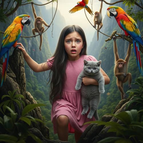 Fearful Twelve-Year-Old Girl Climbing Mountain with Grey British Shorthair Cat - Realism Aesthetics