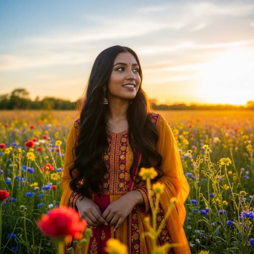 South Asian Girl in Traditional Dress | Joyful Spring Meadow Portrait