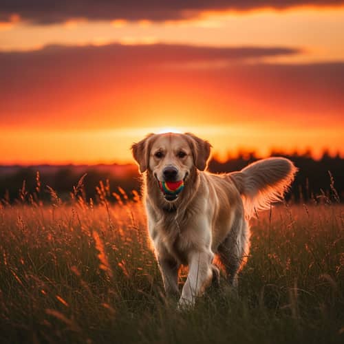 Vibrant Sunset Dog Playing Fetch in Meadow
