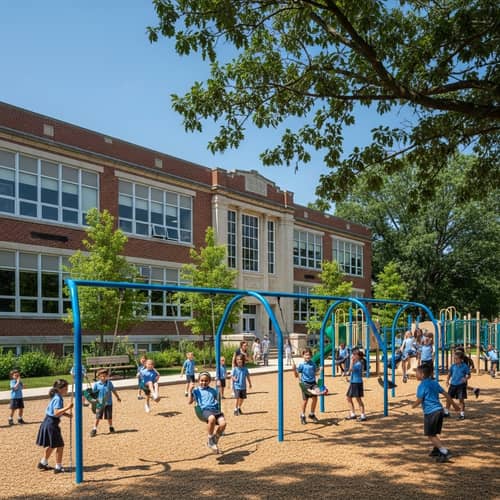 Traditional Brick School Building on a Sunny Day | Playground Activities