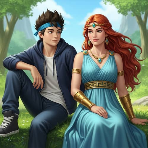 High School Student with Spiky Hair and Fictional Woman in Ancient Greek Dress