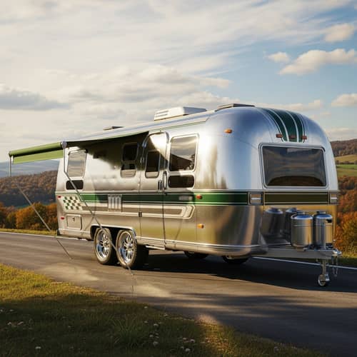 Realistic Digital Illustration of Caravan with Stylish Wheels