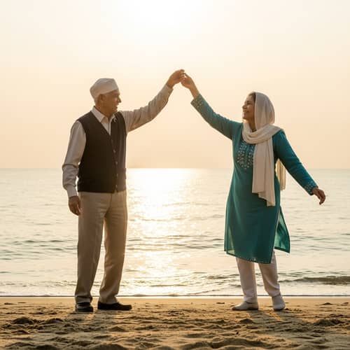 Elderly Man and Woman Dancing on Beach by Sea - Panoramic View