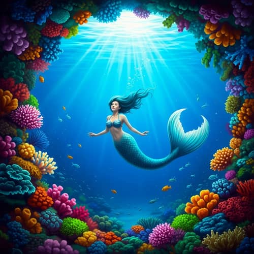 Surreal Underwater Mermaid Scene | Vibrant Coral Reefs