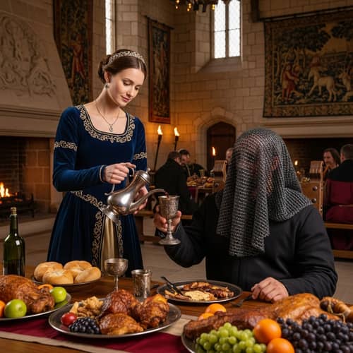 Medieval Castle Feast with Elegant Woman Pouring Wine