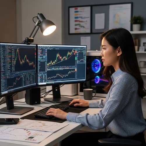 Mastering Stock Market Trends: An East Asian Woman at High-Tech Station