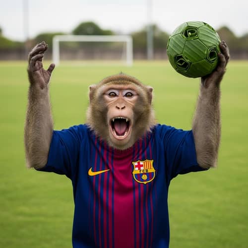 Excited FC Barcelona Monkey Celebrating Victory with Banana Leaf Soccer Ball