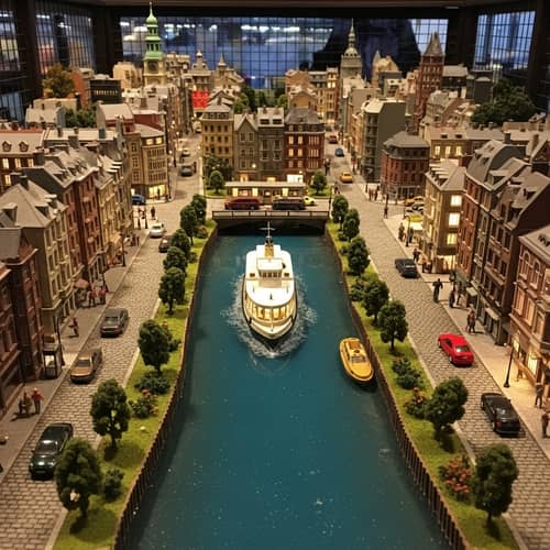 Miniature City Diorama Encased in Protective Cage with Ferry - Unique Display