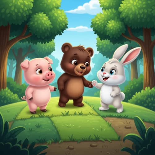 Playful Piglet, Baby Bear, and Bunny Cartoon in Forest Hill