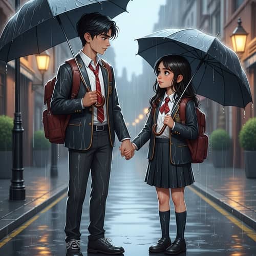 Tender School Kids in Rain | Affluent Neighborhood Scene