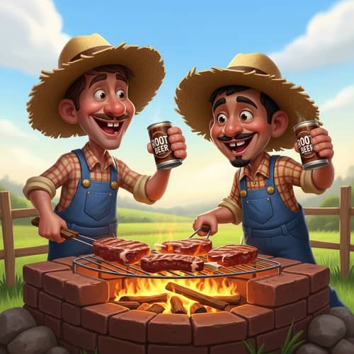 Cartoon Hillbillies Grilling Meat on Brick BBQ Pit