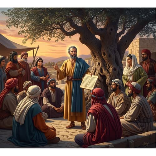 Apostle Matthew Teaching Under Olive Tree - Vibrant Historical Painting