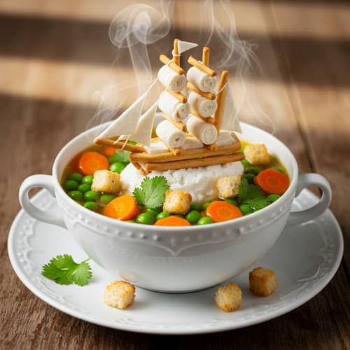 Whimsical Tiny Ship Sailing in Breadstick and Cheese Soup Bowl
