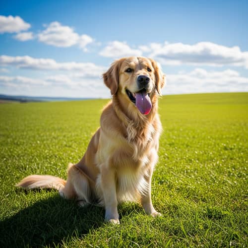 Full-Grown Dog Sitting Comfortably in a Grassy Field